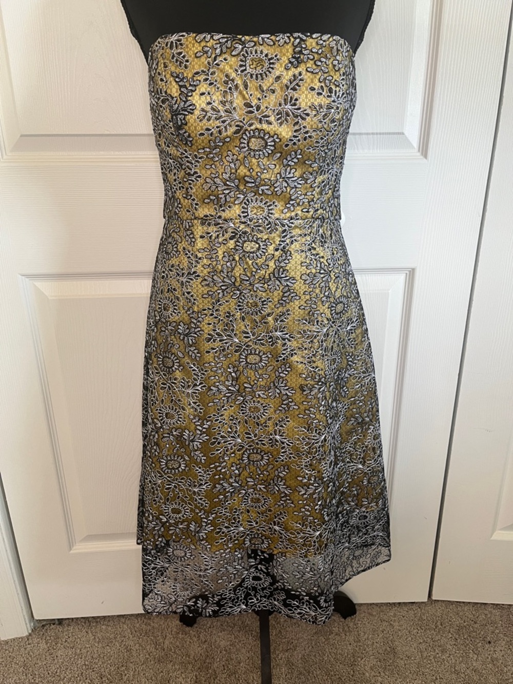 Kay Unger Strapless Yellow Embroidered Overlay Cocktail Dress Wedding Prom 4